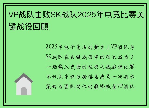 VP战队击败SK战队2025年电竞比赛关键战役回顾